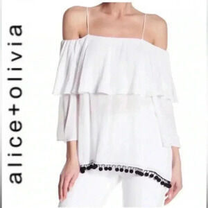 Alice + Olivia  Ruffle Cold Shoulder Blouse Top Size M White and Black